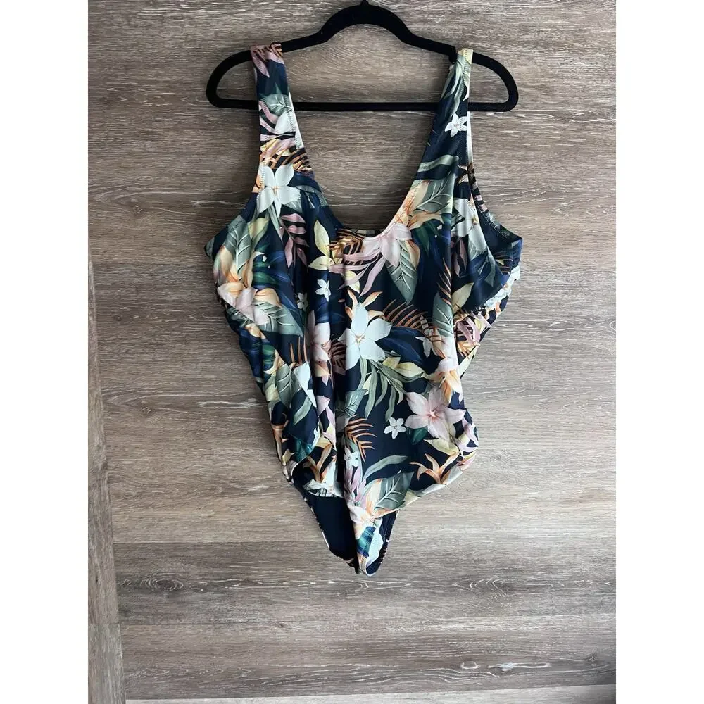 H&M Tropical Floral One Piece Swim Suit Size XXL Scoop Neck Flattering Beach